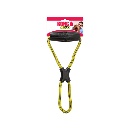 Kong Jaxx Infinity Tug Toy for medium to large dogs toy featuring durable black rubber and yellow rope - attached to branded packaging