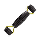 KONG Jaxx Triple Barrel Tug dog toy displayed at a 45-degree angle on a white background, highlighting the texture and thickness of the black rubber barrels and vibrant yellow rope.