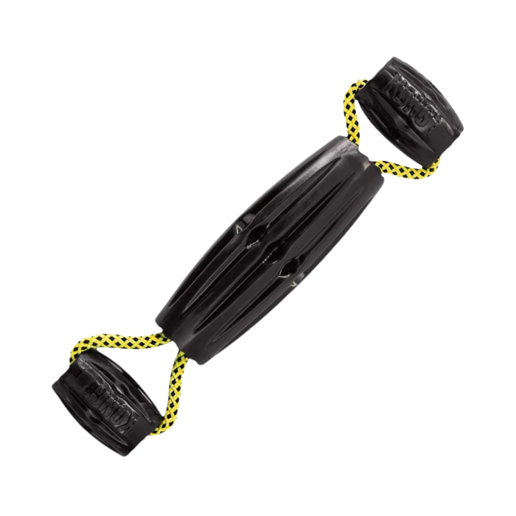 KONG Jaxx Triple Barrel Tug dog toy displayed at a 45-degree angle on a white background, highlighting the texture and thickness of the black rubber barrels and vibrant yellow rope.