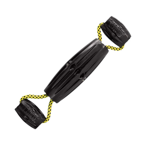 KONG Jaxx Triple Barrel Tug dog toy displayed at a 45-degree angle on a white background, highlighting the texture and thickness of the black rubber barrels and vibrant yellow rope.