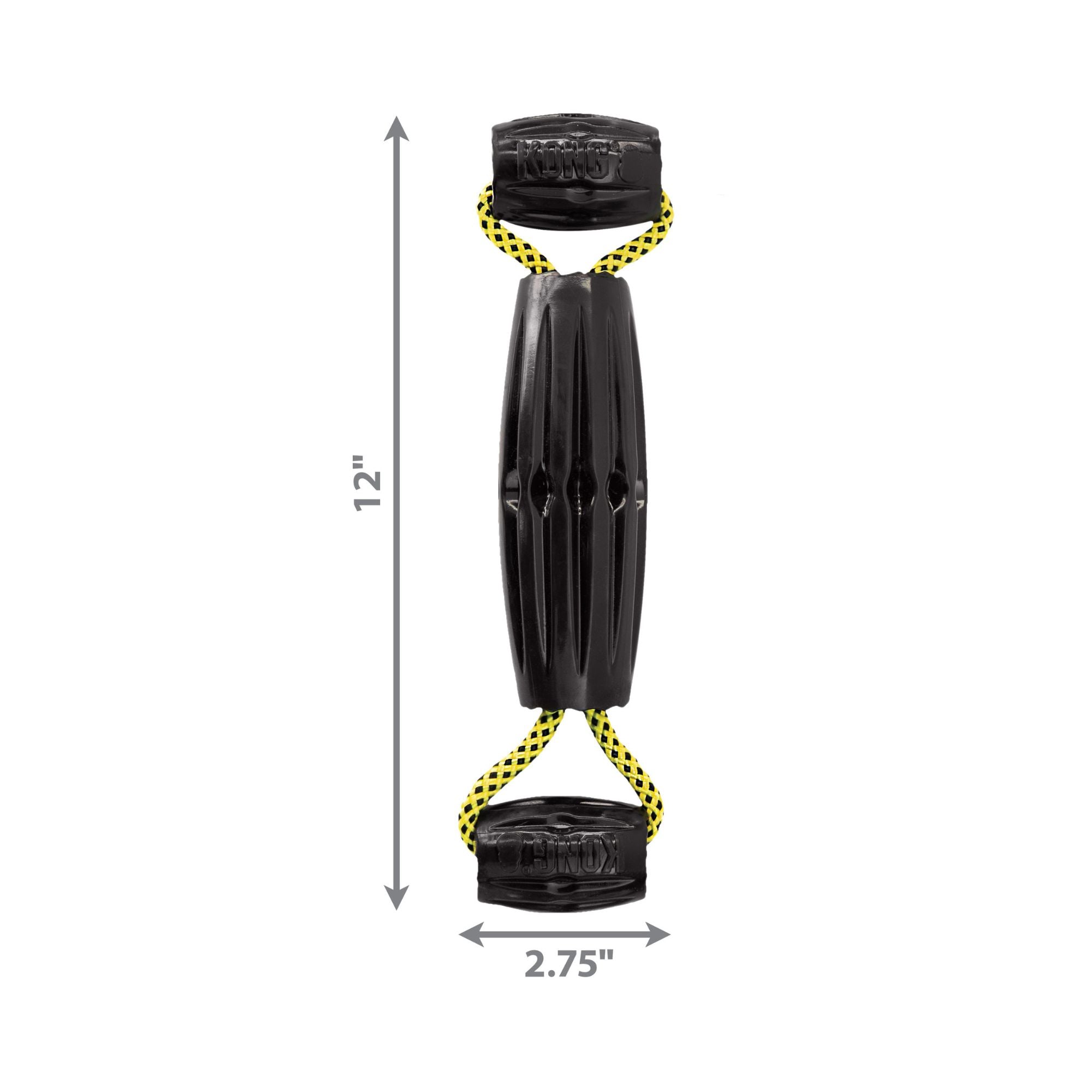 Product diagram showing the length and width dimensions of the KONG Jaxx Triple Barrel Tug dog toy.