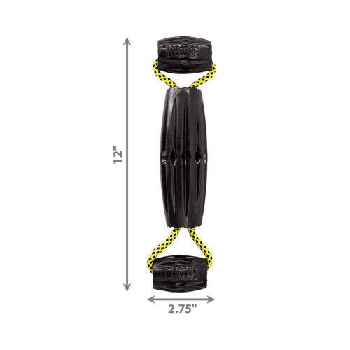 Product diagram showing the length and width dimensions of the KONG Jaxx Triple Barrel Tug dog toy.