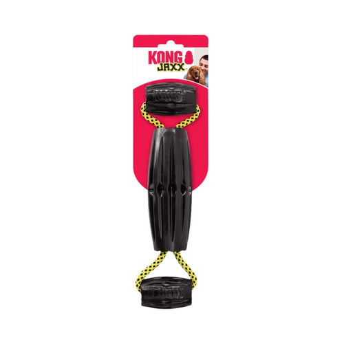 KONG Jaxx Triple Barrel Tug dog toy in its retail packaging, featuring black ribbed TPR barrels with yellow and black checkered rope handles, on a white background.