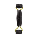 KONG Jaxx Triple Barrel Tug dog toy featuring three durable black rubber barrels linked by a sturdy vibrant yellow rope, shown isolated on a solid white background.
