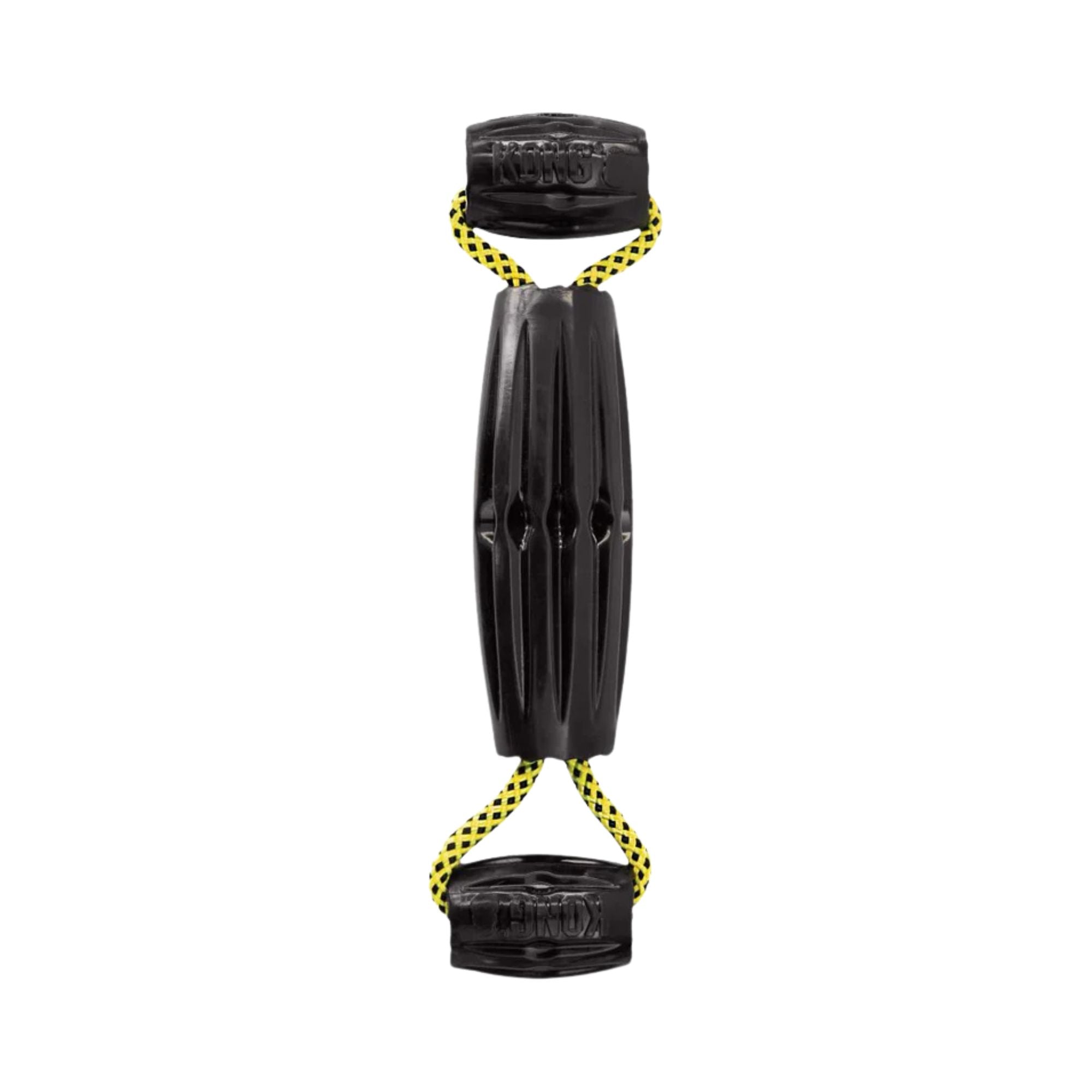 KONG Jaxx Triple Barrel Tug dog toy featuring three durable black rubber barrels linked by a sturdy vibrant yellow rope, shown isolated on a solid white background.