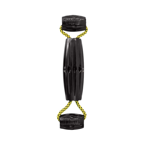 KONG Jaxx Triple Barrel Tug dog toy featuring three durable black rubber barrels linked by a sturdy vibrant yellow rope, shown isolated on a solid white background.