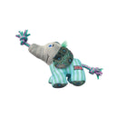 A plush KONG Knots Carnival Elephant dog toy with a grey head, mint green and white striped body, and multicolour patterned accents, shown on a plain white background.