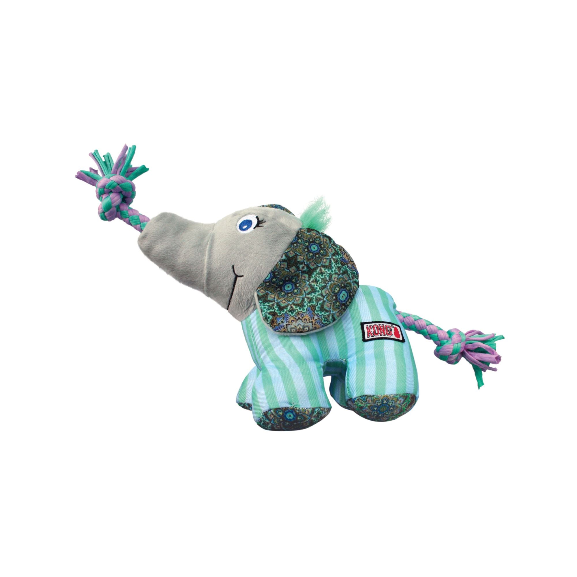 A plush KONG Knots Carnival Elephant dog toy with a grey head, mint green and white striped body, and multicolour patterned accents, shown on a plain white background.
