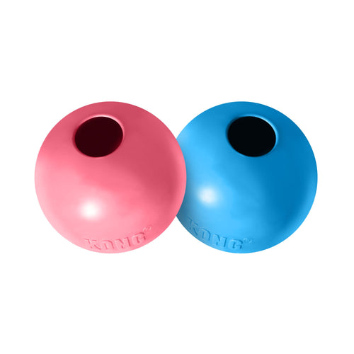 KONG Puppy Ball with Hole in Pink and Blue on a white background