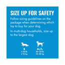 KONG size up for safety graphic showing dog silhouettes with weight ranges for Small and Medium/Large sizes
