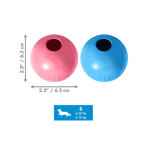KONG Puppy Ball with Hole in Pink and Blue with dimensions 6.3 cm x 6.3 cm and Small size badge for dogs under 16 kg