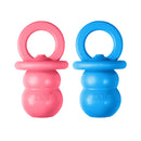 KONG Puppy Binkie dog toy in blue and pink shown together on a white background.