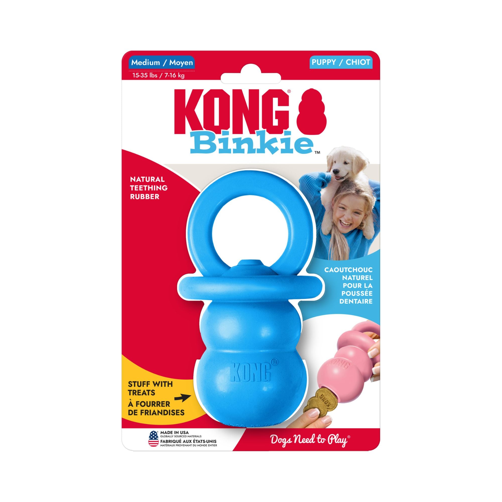 Medium blue KONG Puppy Binkie in retail packaging on a white background.