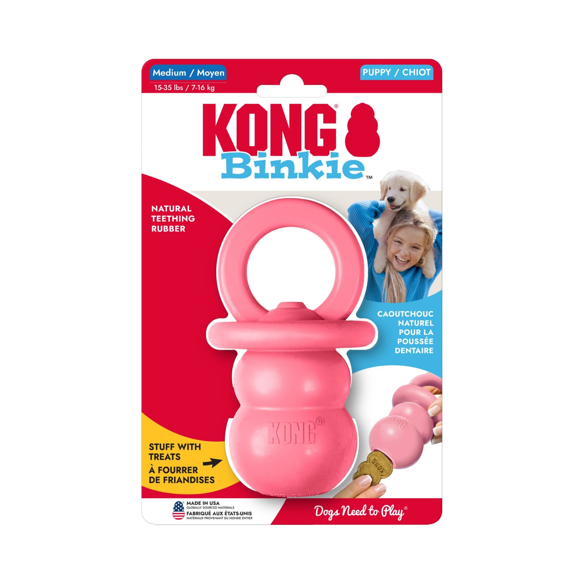 Medium pink KONG Puppy Binkie in retail packaging on a white background.