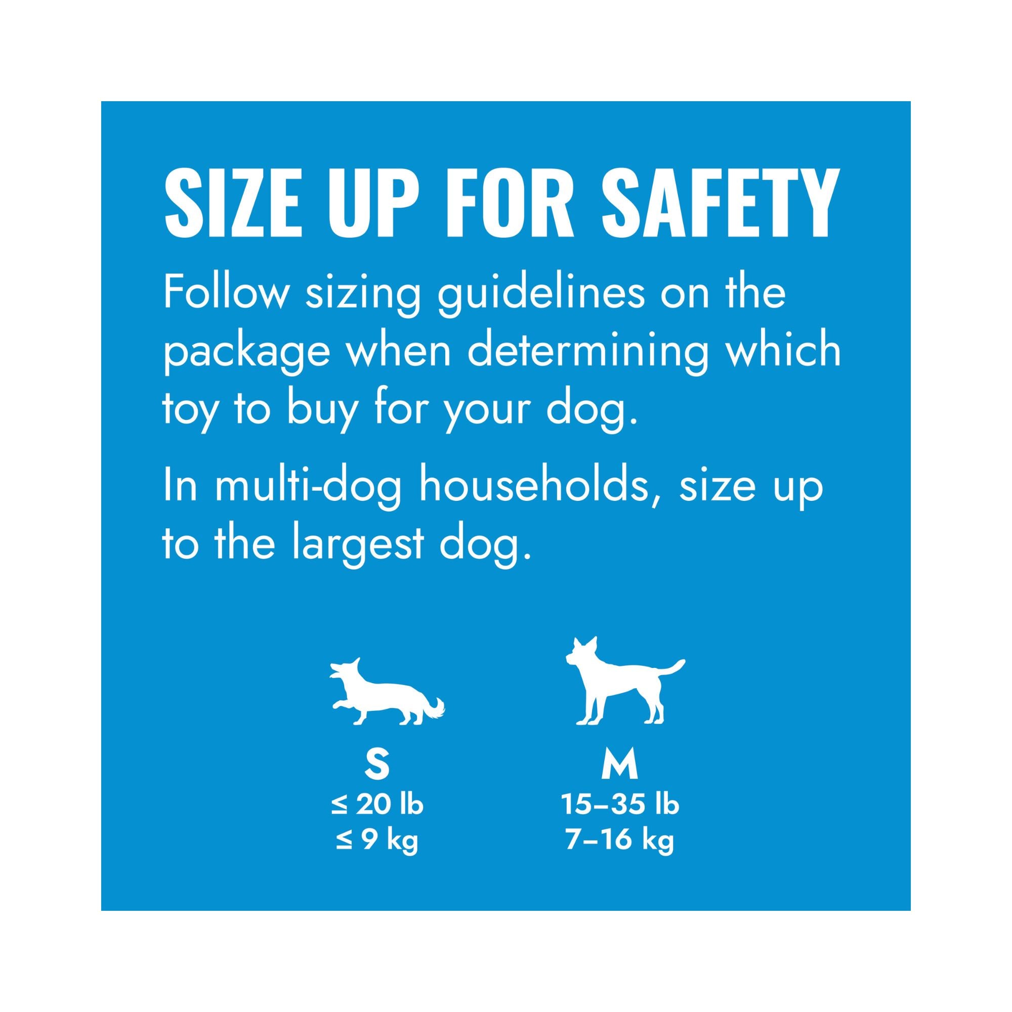 KONG Puppy Binkie Size Up for Safety graphic recommending that owners follow the size guidelines on the packaging.