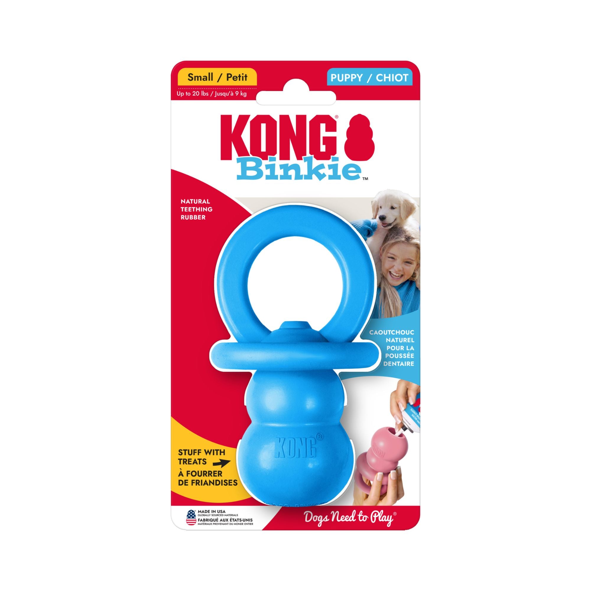Small blue KONG Puppy Binkie in retail packaging on a white background.