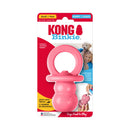 Small pink KONG Puppy Binkie in retail packaging on a white background.