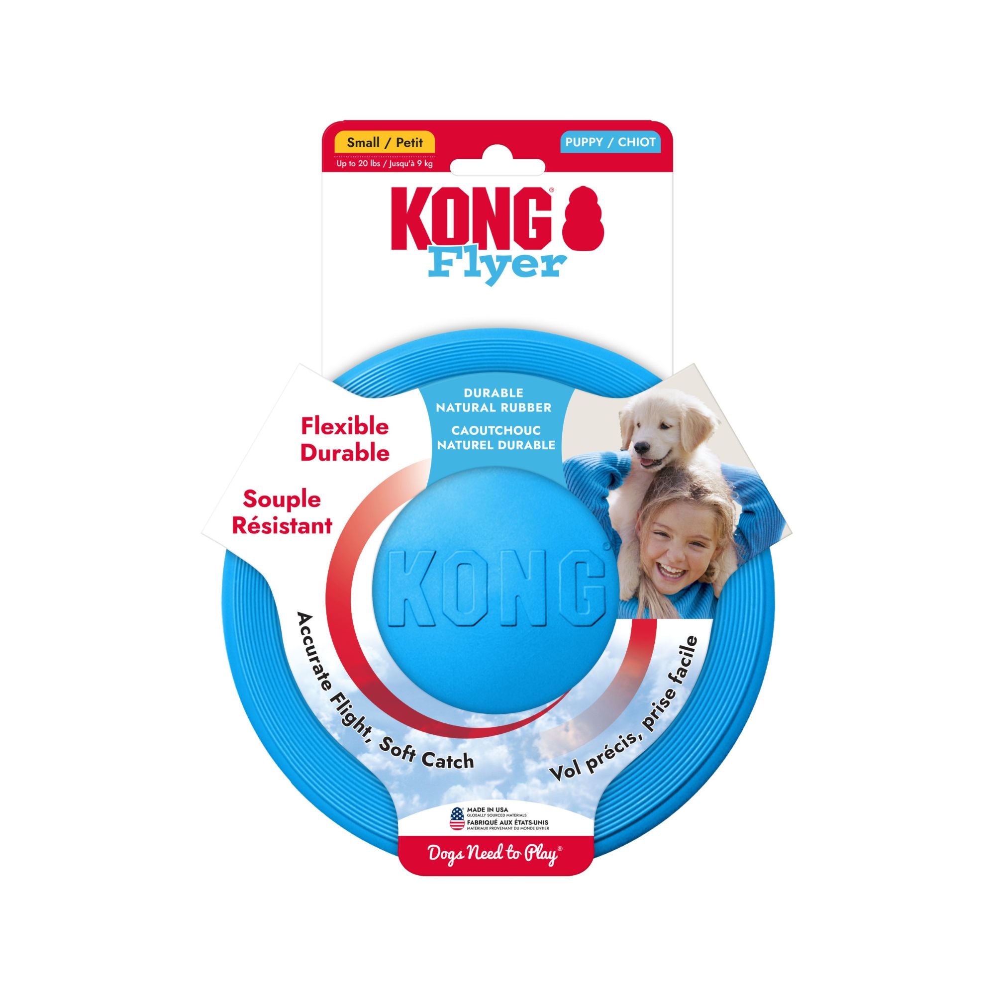 Blue KONG Puppy Flyer in retail packaging on a white background.