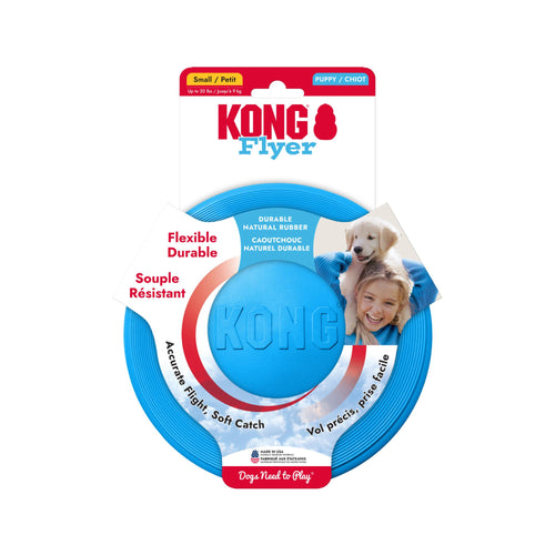 Blue KONG Puppy Flyer in retail packaging on a white background.