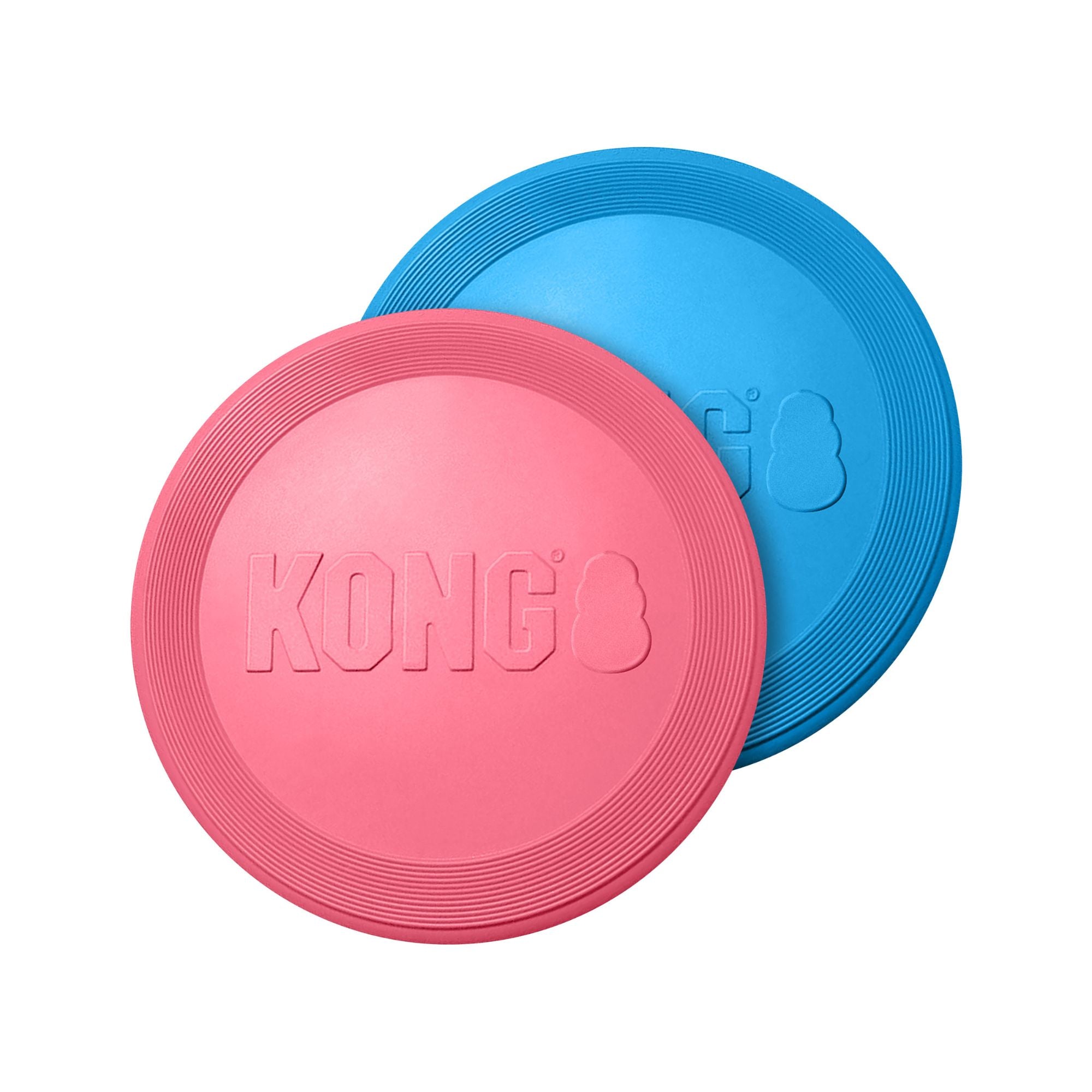 KONG Puppy Flyer dog toy in blue and pink shown together on a white background.