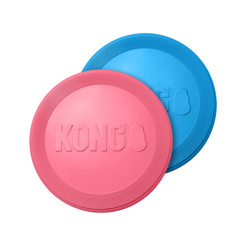 KONG Puppy Flyer dog toy in blue and pink shown together on a white background.
