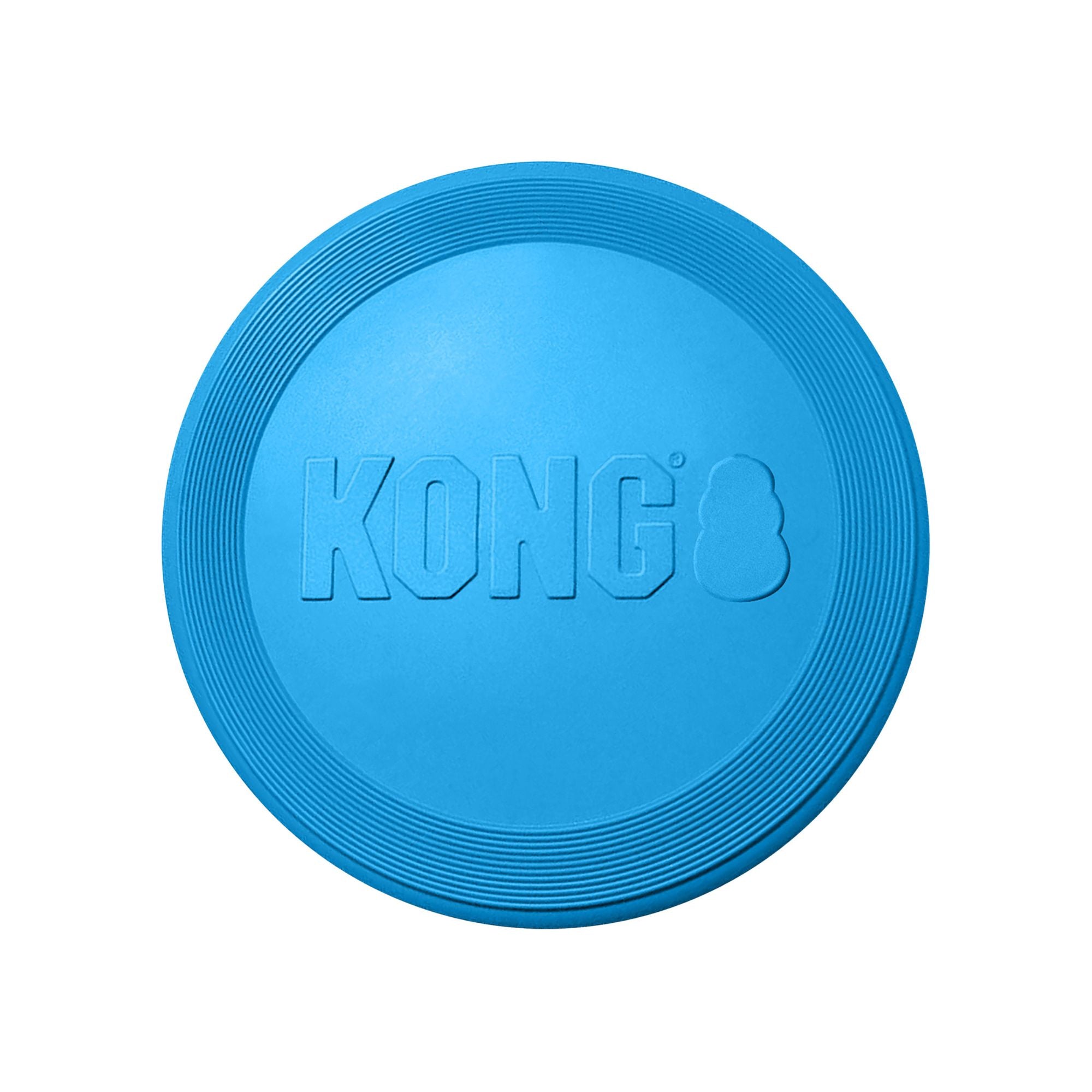 Blue KONG Puppy Flyer natural rubber puppy fetch toy on a white background.