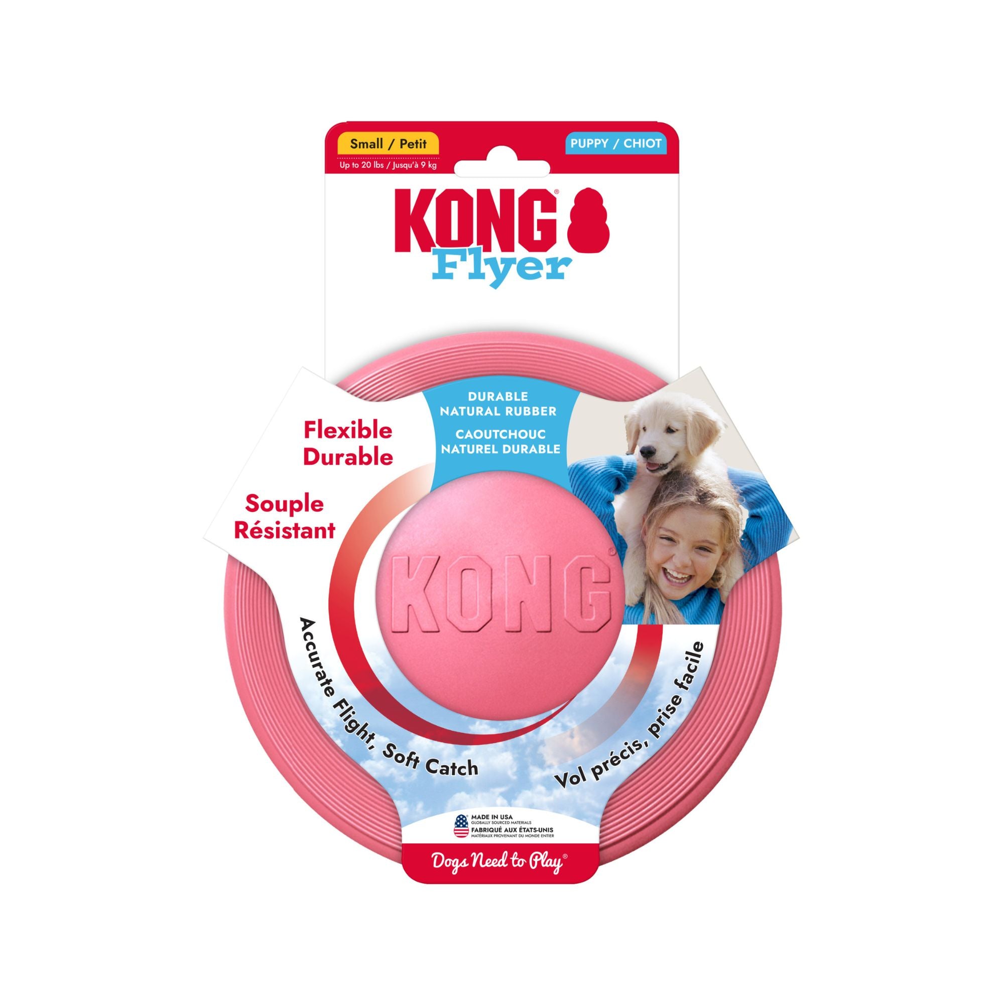 Pink KONG Puppy Flyer in retail packaging on a white background.
