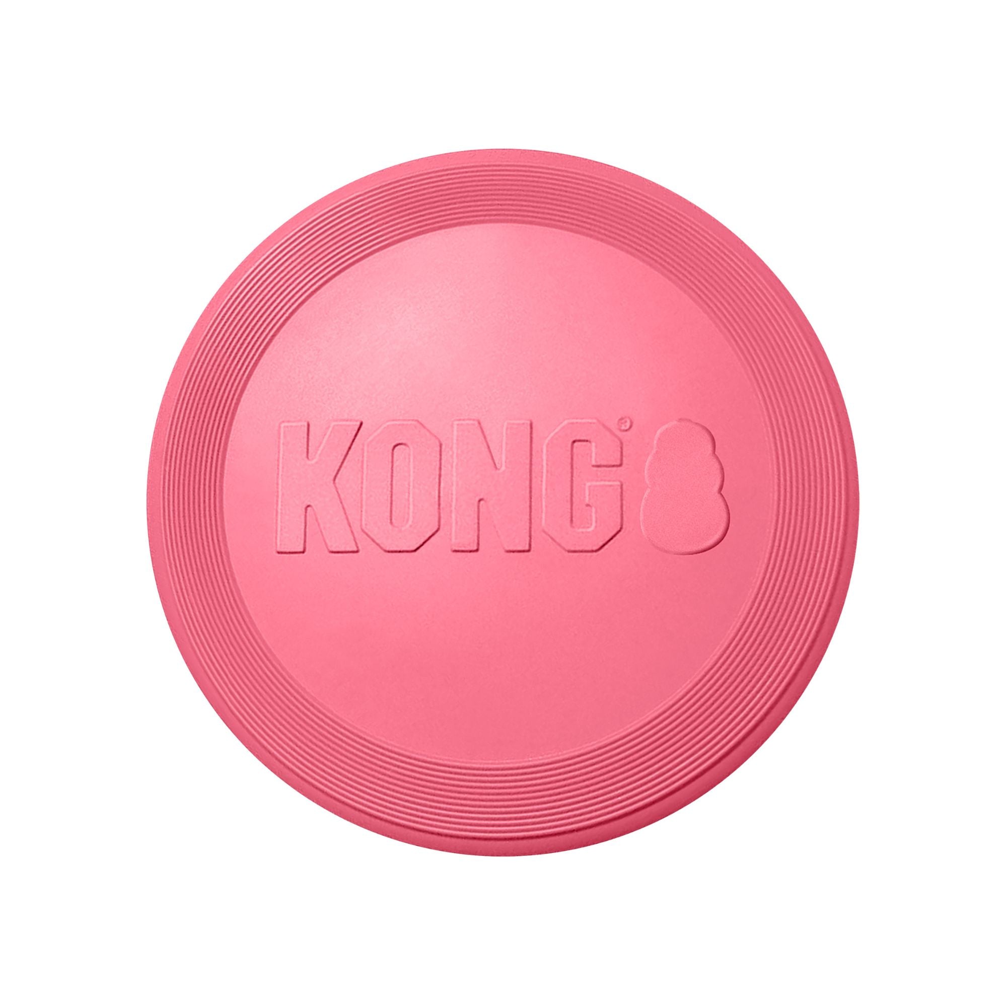 Pink KONG Puppy Flyer natural rubber puppy fetch toy on a white background.