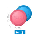 KONG Puppy Flyer blue and pink size guide showing dimensions in centimetres and inches with Small size badge.