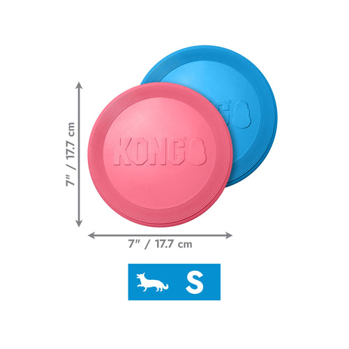 KONG Puppy Flyer blue and pink size guide showing dimensions in centimetres and inches with Small size badge.