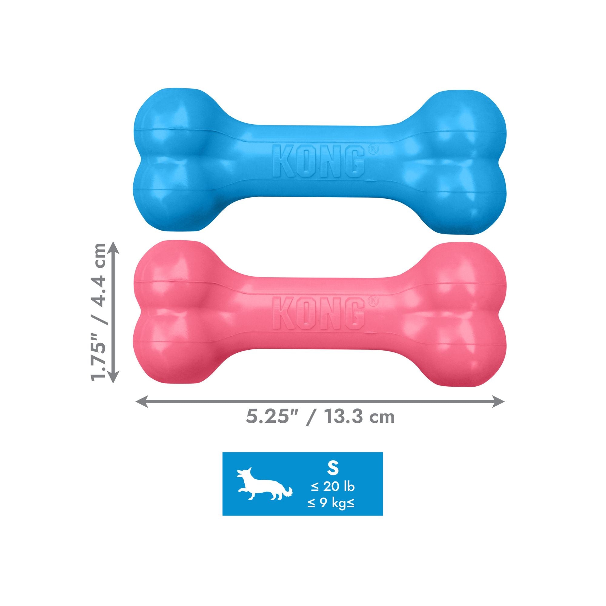 Two KONG Puppy Goodie Bone dog toys in blue and pink, shown on a white background with dimension arrows and a small size label indicating S for dogs up to 9 kg.