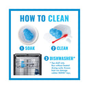 A blue and white instructional graphic titled 'HOW TO CLEAN' showing steps for cleaning a KONG Puppy Goodie Bone in a dishwasher: 