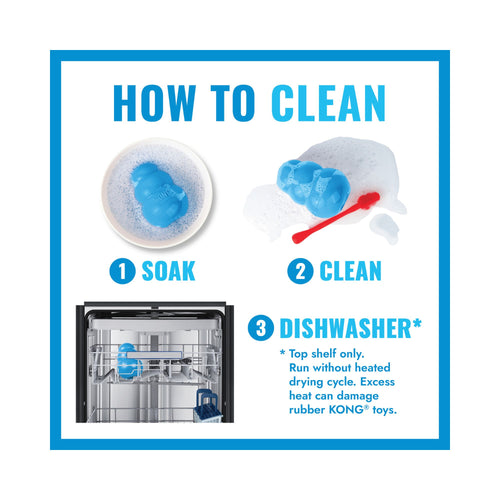 A blue and white instructional graphic titled 'HOW TO CLEAN' showing steps for cleaning a KONG Puppy Goodie Bone in a dishwasher: 