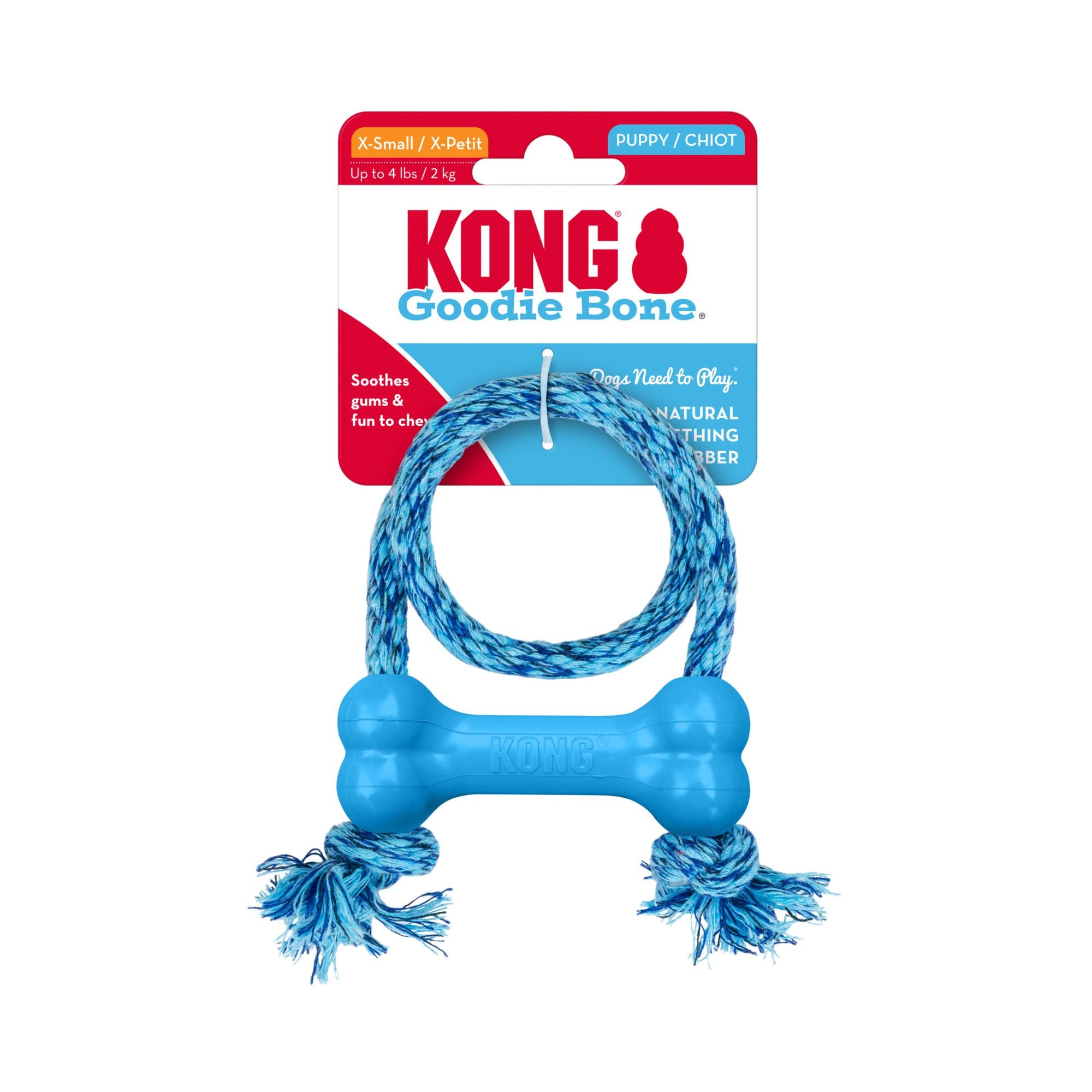 Blue KONG Puppy Goodie Bone with Rope attached to KONG retail packaging