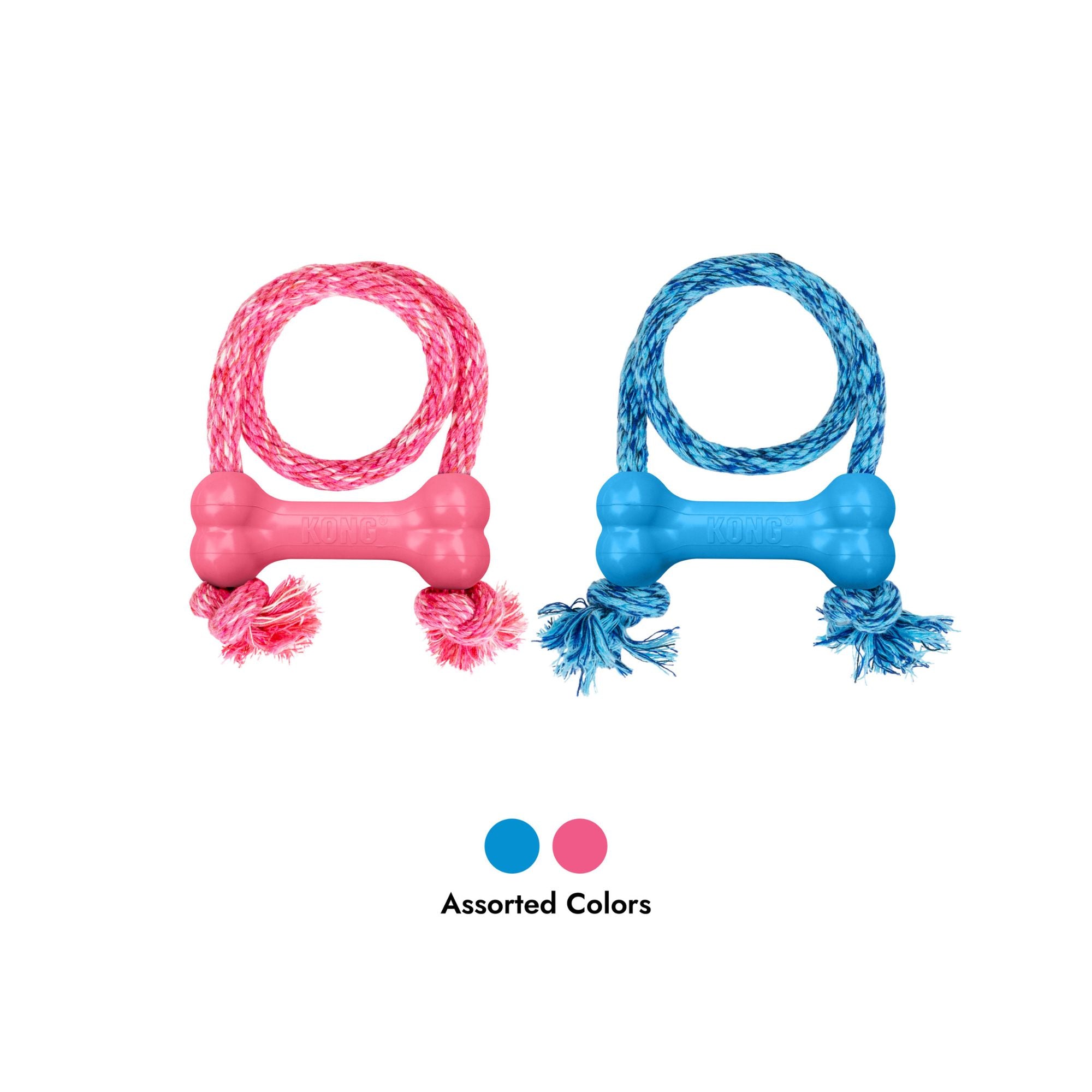 KONG Puppy Goodie Bone with Rope shown in pink and blue with assorted colour swatches