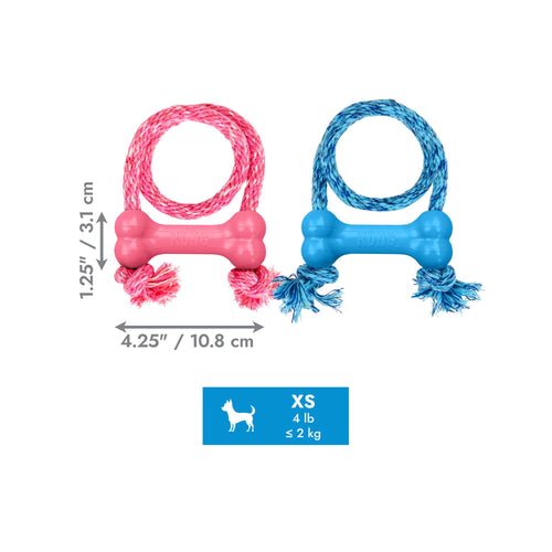 KONG Puppy Goodie Bone with Rope in pink and blue with dimensions 10.8 cm x 3.1 cm and XS under 2 kg size badge
