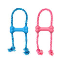 KONG Puppy Goodie Bone with Rope in blue and pink on a white background