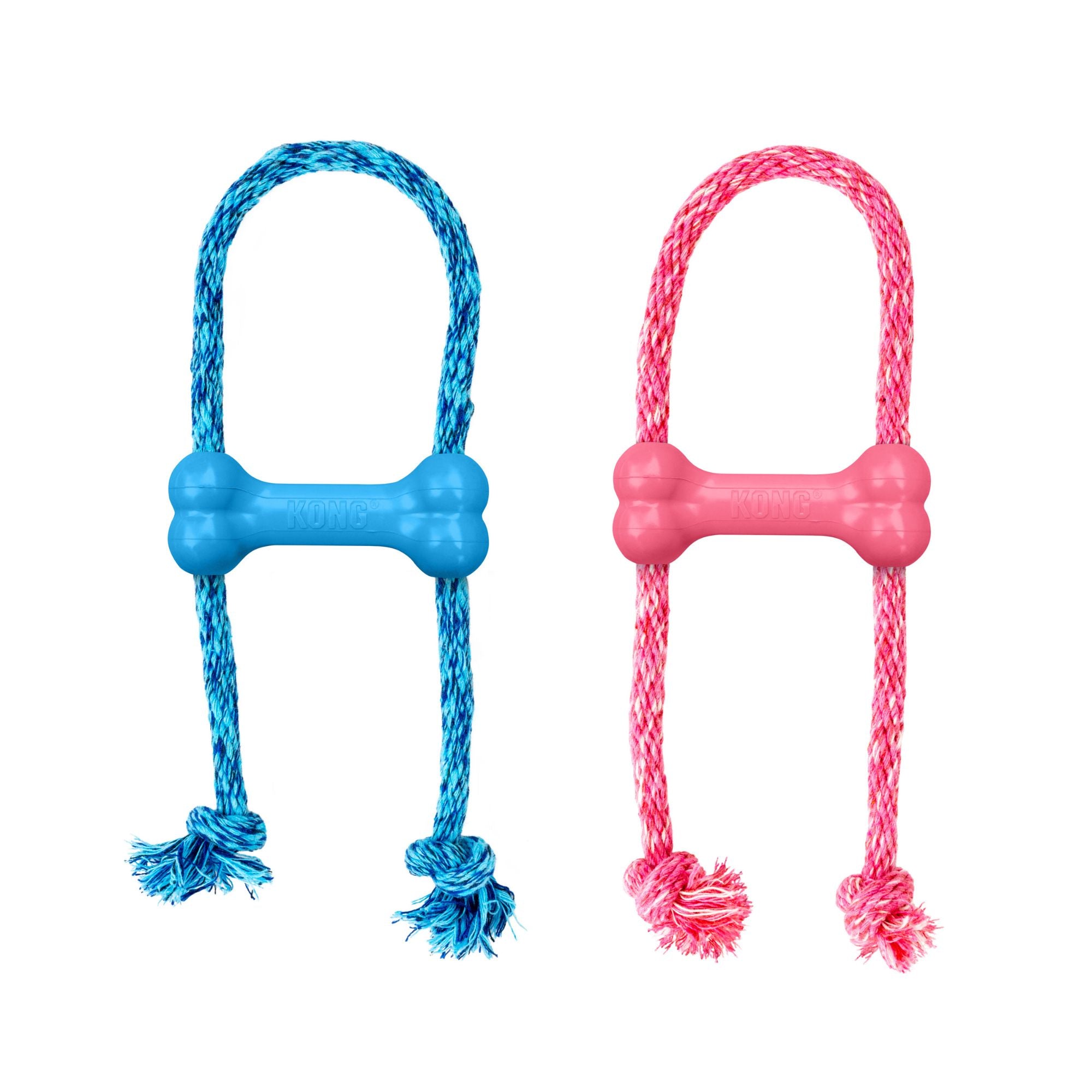 KONG Puppy Goodie Bone with Rope in blue and pink on a white background