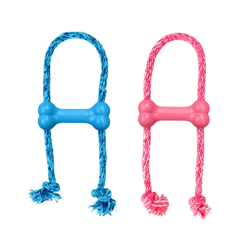 KONG Puppy Goodie Bone with Rope in blue and pink on a white background