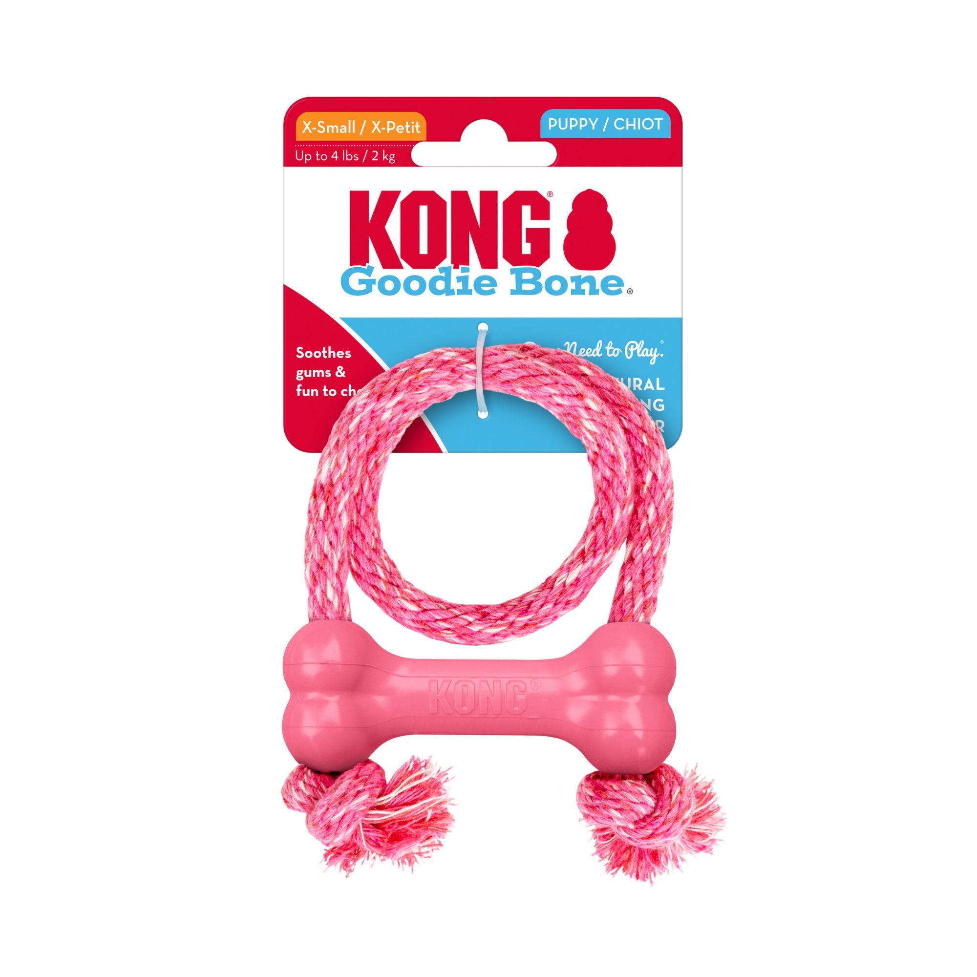 Pink KONG Puppy Goodie Bone with Rope attached to KONG retail packaging