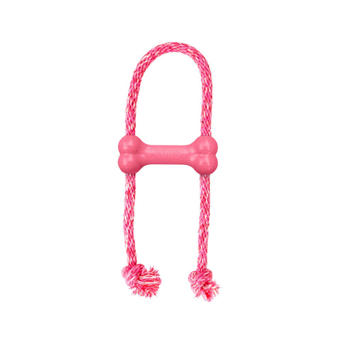 Pink KONG Puppy Goodie Bone with Rope on a white background