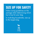 KONG sizing guide graphic recommending customers follow packaging sizing guides, with XS under 2 kg dog silhouette