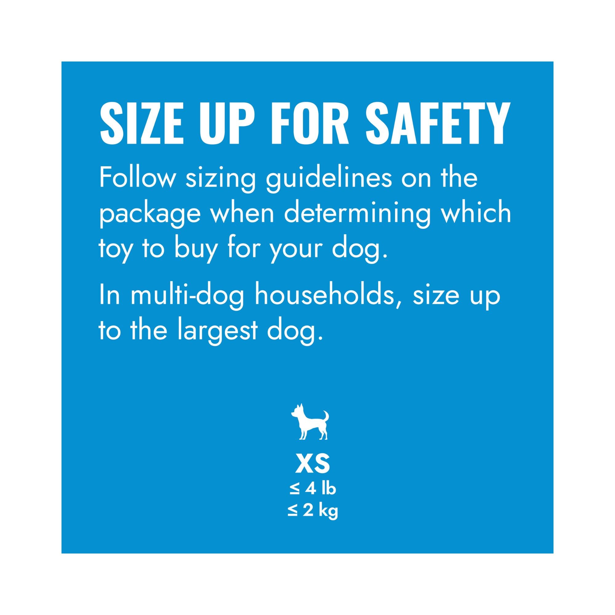 KONG sizing guide graphic recommending customers follow packaging sizing guides, with XS under 2 kg dog silhouette