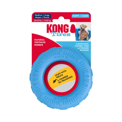 Retail packaging for the Blue Medium/Large KONG Puppy Tires dog toy.