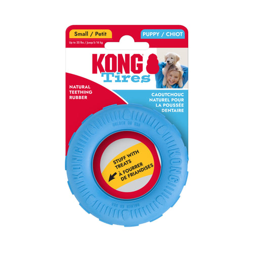 Retail packaging for the Blue Small KONG Puppy Tires dog toy.