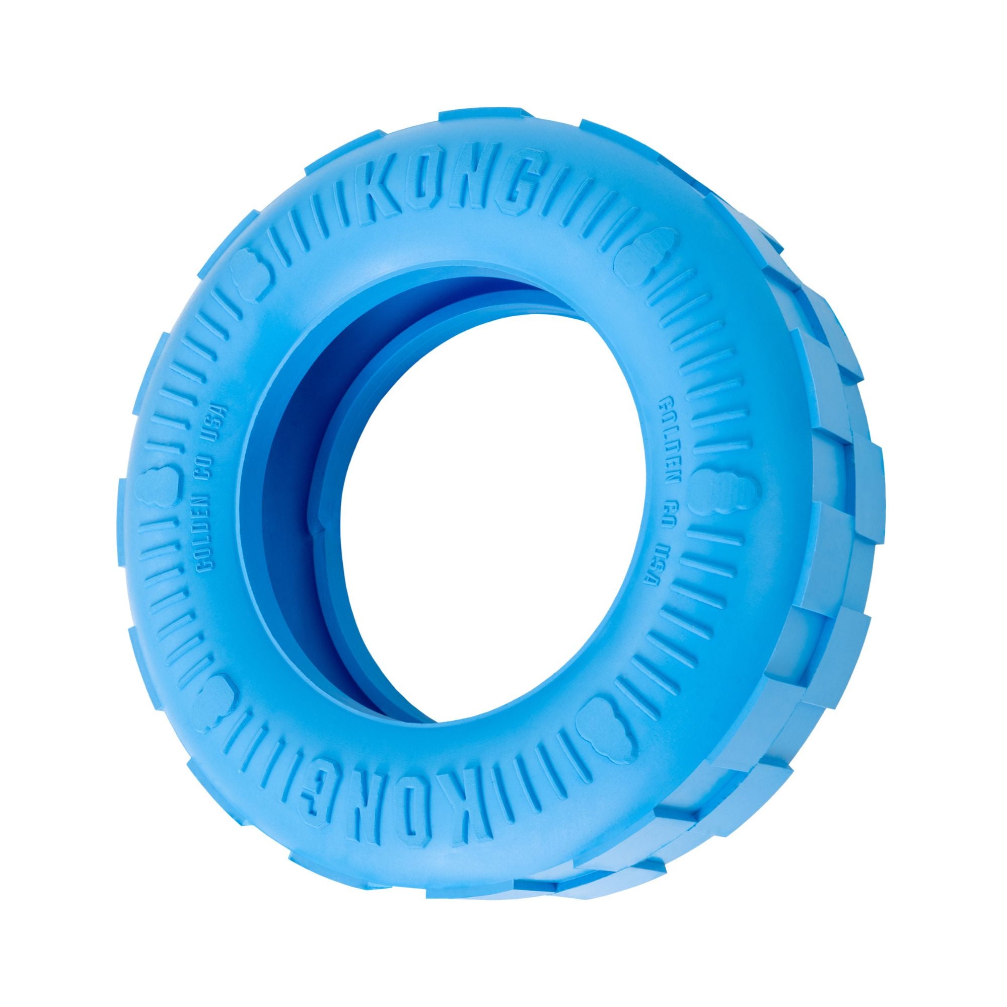 Blue KONG Puppy Tires dog toy on a white background.