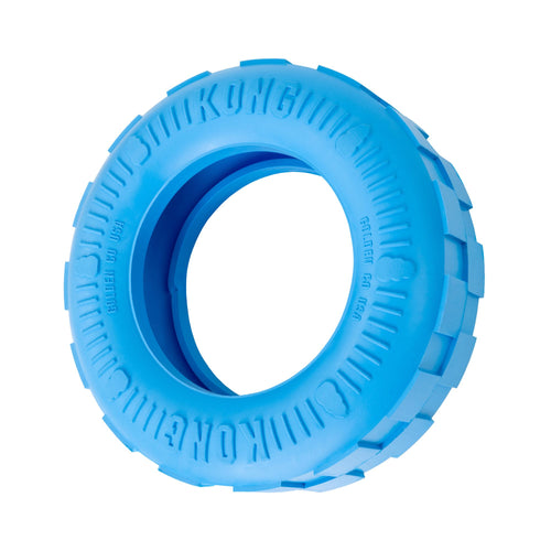 Blue KONG Puppy Tires dog toy on a white background.