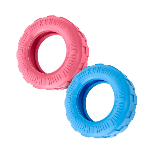 KONG Puppy Tires dog toy in Pink and Blue displayed together on a white background.
