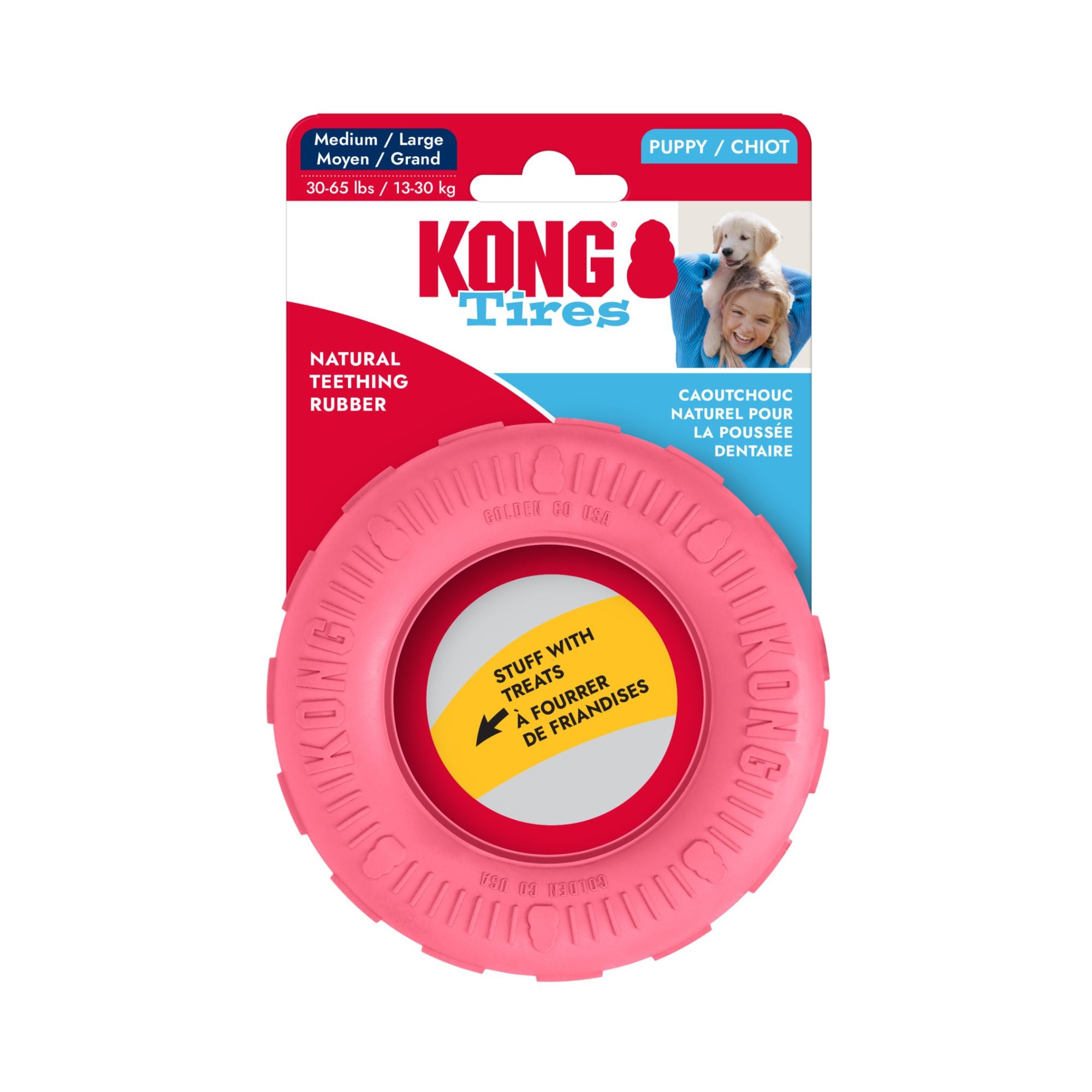 Retail packaging for the Pink Medium/Large KONG Puppy Tires dog toy.