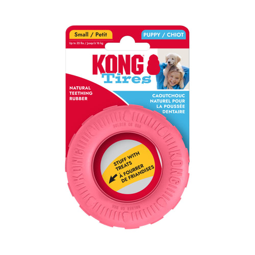 Retail packaging for the Pink Small KONG Puppy Tires dog toy.
